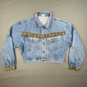 Vintage Dont Stop Jean Jacket Womens Blue Large Fashion Urban Streetwear Ornate